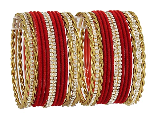 Image of NMII Gold Plated Metal Velvet Bangles Set For Women & Girls with Zircon Gemstone Studded | Traditional Women's Bangles | Designer Gold Bangles | Fashion Jewellery- Set of 28