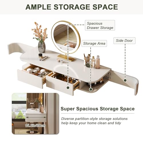 Image of Floating Makeup Vanity Table with 2 Side-Open Storage Doors, Space-Saving Dressing Table with Drawers, Wall Mounted Floating Desk with Rounded Corners for Small Space Bedroom (White, 39.3in)