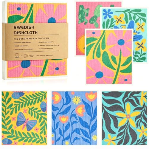 Swedish Dishcloth Set of 6 Reusable Kitchen Dish Rags for Cleaning Absorbent & Quick Drying Dish Towels Biodegradable Kitchen Rags No Odor Washable Cellulose Sponge Cloths (Tropical style)