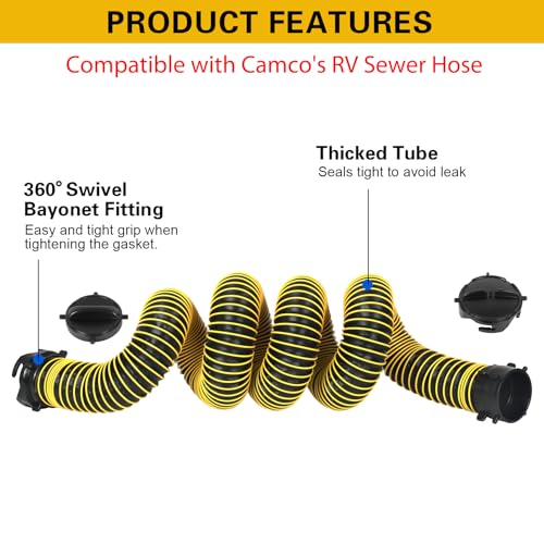 Image of 10FT RV Sewer Hose Extension Camper Sewer Hose Extension with Caps | EXTREME Heavy Duty 24 Mil, TPE Material, Abrasion Resistance and Crush Protection, Yellow