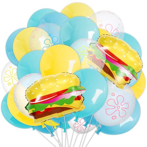 JarThenaAMCS 32 Pcs Cartoon Sponge Party Balloon Bikini Flower Bubble Printed Latex Balloons 21 In Hamburger Foil Balloons Teal Blue Yellow Balloon for Birthday Baby Shower Decor