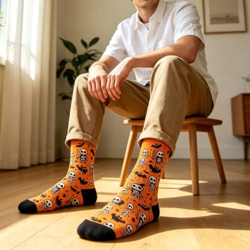Halloween Ghost Pumpkin Socks, 3 Pairs Men Women Skeleton Mid Calf Socks - image 2