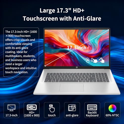 Image of HP 17 inch Touchscreen Laptop Computer, 32GB RAM, 1TB SSD, 17.3 inch HD+ Touch, Intel 10 Core i7 1355U, Backlit Keyboard, Copilot AI, Wi-Fi 6, Windows 11 Pro, Long Battery Life, Laptop for Business