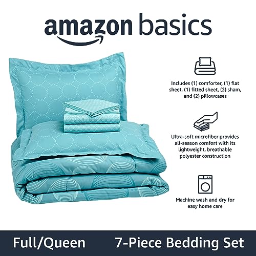Image of Amazon Basics Full /Queen Comforter Set with Geometric Sheets, 7-Piece Industrial Teal Bedding, Lightweight Microfiber Bed-in-a-Bag
