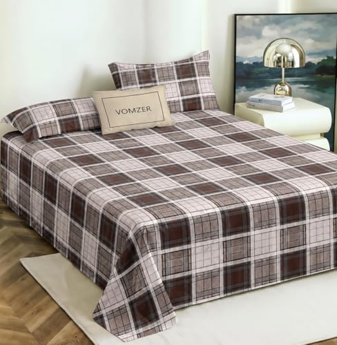 Image of VOMZER Cotton King Size Flat Bedsheet for Double Bed, 1 Cotton Bed Sheet Double Bed (90x100 Inches) with 2 Pillow Cover, Coffee Check