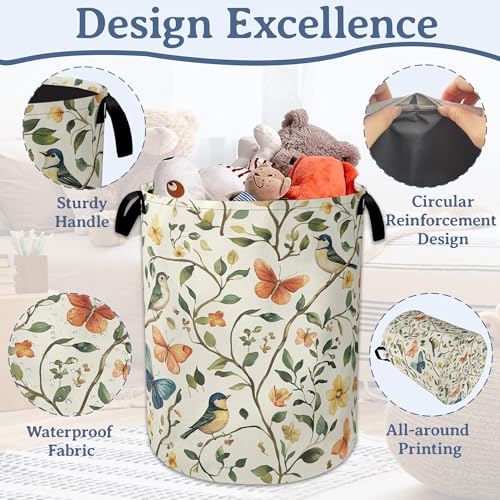 Image of Bird Butterfly Laundry Basket,Oxford Cloth Vintage Nature Laundry Hamper With Handle Foldable Portable Clothes Storage Basket for Laundry Room /Bedroom /Bathroom 20.8 inchx16 inch
