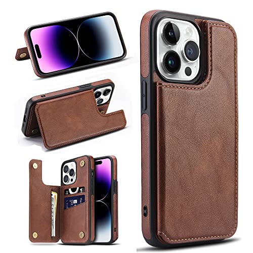 Hemduty for iPhone 14 Pro Wallet Case with Card Holder, Luxury Leather Kickstand Card Slots Case, Double Magnetic Clasp Shockproof Cover 2022 6.1 Inch (Brown)
