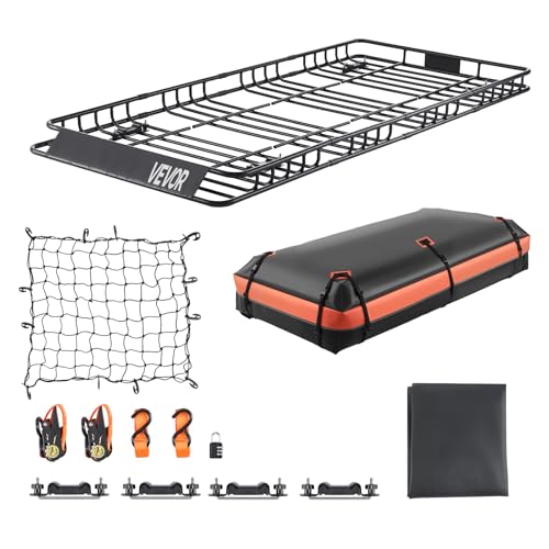 VEVOR Dachgepäckträgerkorb Autodachkorb (2120 x 990 x 105 mm) universeller Dachgepäckträger mit Gepäcktasche & Netz & Ratschengurten (113,4 kg Max...