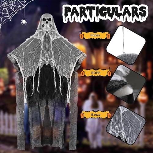 Image of Pop The Party Halloween Hanging Skeleton Ghost - Scary Skull Decoration with Flowing Fabric for Haunted House, Yard, Outdoor & Indoor Halloween Party Props