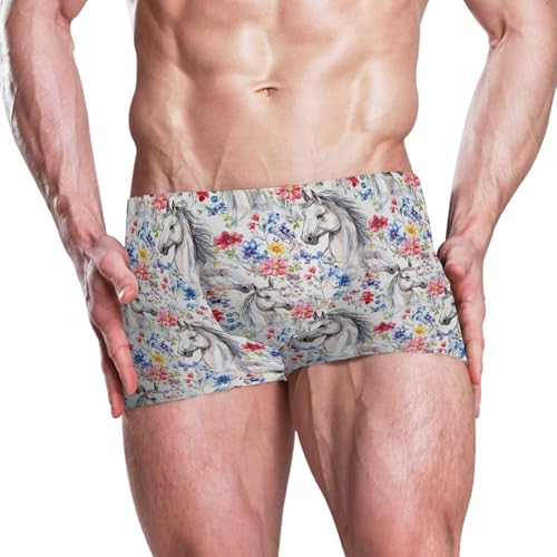 Horse Flowers Mens Swim Trunk Swimwear Bathing Suit Swim Brief Square Leg Board Short S B04048342