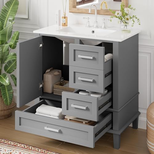 Mirightone 30' Bathroom Vanity with Sink, 30 Inch Bathroom Vanity with Top, 3 Drawers and 1 Soft Closing Door, Modern Bathroom Vanity with Sink 30 Inch for Bathroom (Grey)