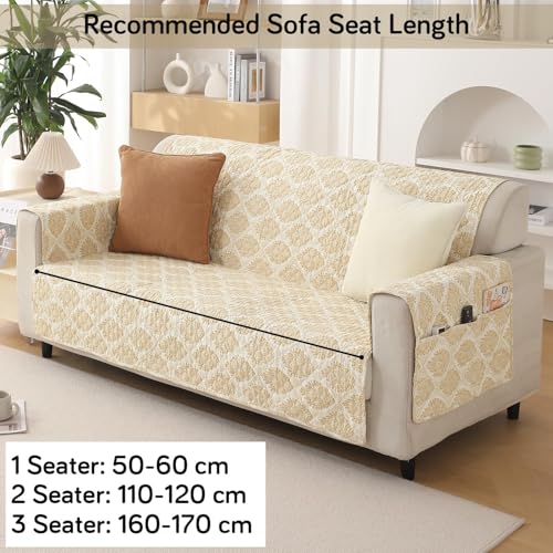 Image of HOKIPO 'VivaCasa Series' Polyester 3 Seater Quilted Sofa Cover with Pockets, Ogee Ivory (NEW-IN-742-D6)
