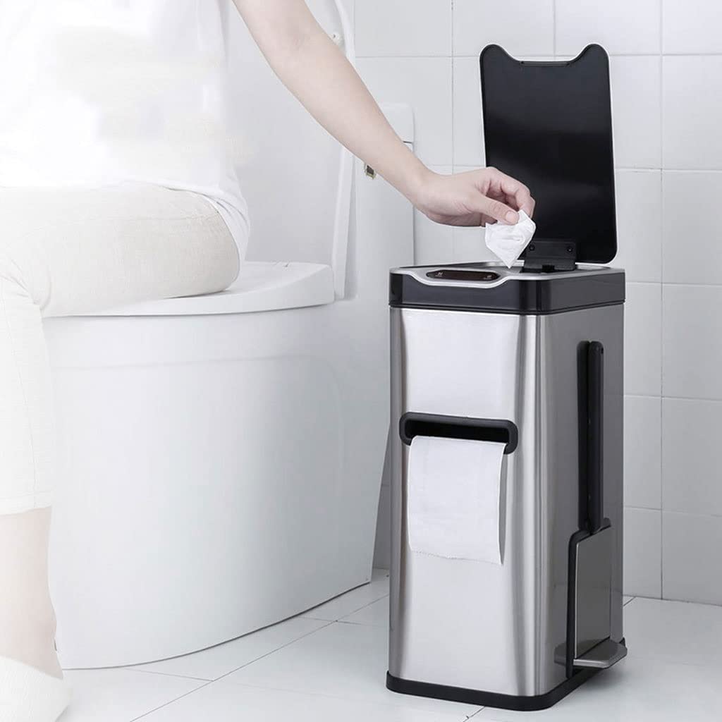 Papelera de Interior Papelera de baño Papelera de Acero Inoxidable de inducción Inteligente Papelera de baño Inodoro multifunción Escobilla de baño autónoma Papelera de Toalla (Plata M)