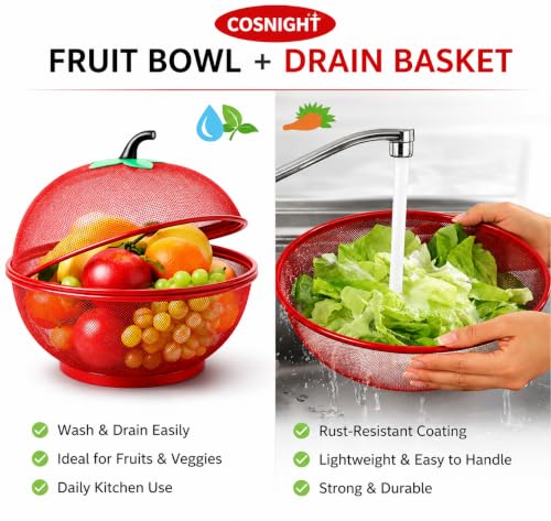 Image of Khushi Liquid Apple-Shaped Fruit & Vegetable Basket with Protective Net Mesh Cover - Decorative Kitchen Storage Stand for Dining Table - Multi-Color (Medium, Pack of 1) (RED)