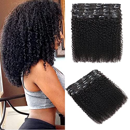 Rolisy Kinky Curly Clip In Hair Extensions Human Hair 18 Inch Curly Hair Extensions Clip In Human Hair for Black Women 3C 4A 4B Afro Kinky Curly Hair Clip Ins Soft Brazilian Remy Hair Thick Ends