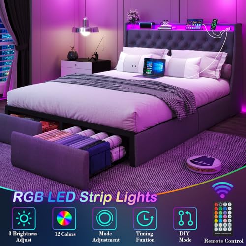 Image of Upholstered Wingback Queen Bed Frame with 2 Storage Drawers and LED Lights | Metal Platform Bed with Storage Headboard and Charging Station, Noise-Free, No Box Spring Needed, Easy Assembly, Gray