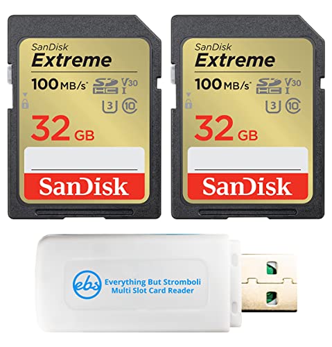 SanDisk Extreme   Paquete de 2 tarjetas de memoria SD de 32 GB funciona con cámara digital, computadora y cámaras Trail (SDSDXVT 032G GNCIN) paquete con todo menos Stromboli lector de tarjetas micro y