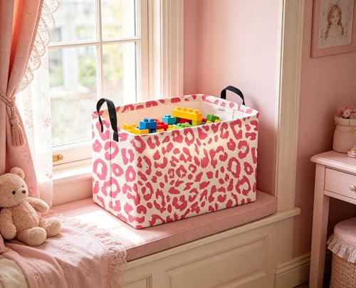 Image of Sanjiaofeng Rectangular Kids Baskets,leopard print basket,Pink Storage Basket with Handles,Waterproof Collapsible Storage Bin for Kids,Kid Room Decor,Books Box,Gift Basket(leopard print)