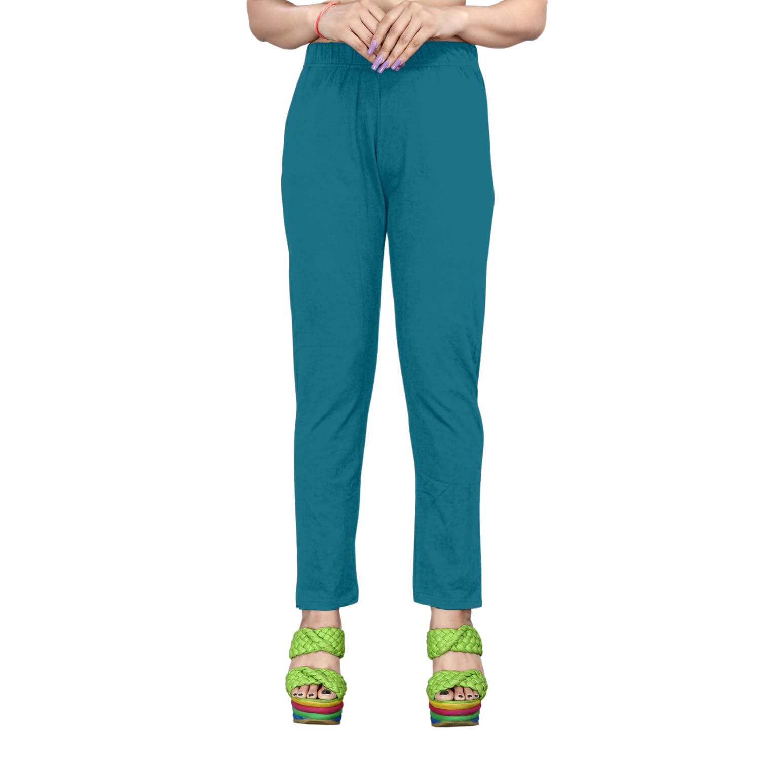 Global Desi Women's Solid Cotton Lycra Pants â€“ High Waist Slim Fit Stretchable Leggings â€“ Comfortable Long Trousers for Casual, Office & Everyday Wear in neutral