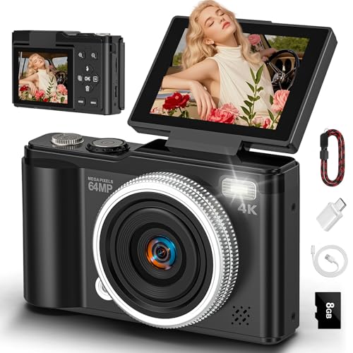 4K 64MP Digital Camera with SD Card 180 Flip Screen Autofocus Camera with Macro Function and 16x Digital Zoom Compact Camera with USB Cable for Teenagers Boys and Girls
