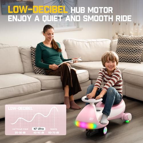 FanttikRide 12V N7 Ultra Electric Wiggle Car with Pedal, Kids Car, MagicMute Motor Swing Car, 2 Speeds, 9 Color Modes, Digital Display, Bluetooth, for Ages 3 and Up, 150 Lbs, Pinkish White