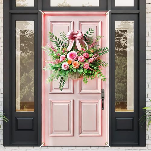 Image of Pink Rose Basket Door Cover 35x71in Spring Floral Bow