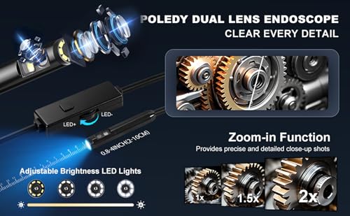 Cámara Endoscópica de Doble Lente con Luz, POLEDY 1920P HD Borescopio, 8 Luces LED Ajustables, Resistente al Agua IP67, Cámara de Serpiente de 5m, Cable Semirrígido para Inspección Compatible con Android e iOS miniatura 3