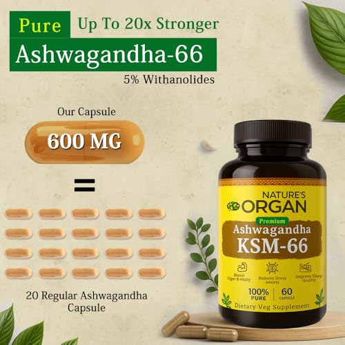 Image of Nature's Organ Ashwagandha KSM-66-500mg for Vitality, Extra Strength & Power with Stress Relief, Sleep Support & Immunity | Premium Root Extract for Men & Women | 60 Capsules