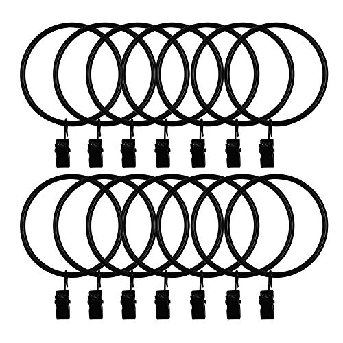 NA 14 Pack Strong Iron Metal Curtain Rings with Clips 2.5 Inch Diameter, Decorative Drapery Rustproof Curtain Rod Clip Ring, Durable Vintage Drapery Hooks with Clips (14PCS Black)
