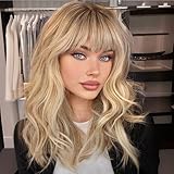 KOME Blonde Wig with Bangs,Ombre Blonde Wavy Wigs for Women,Shoulder Length Curly Synthetic Hair Wig for Party Daily Use 18IN…