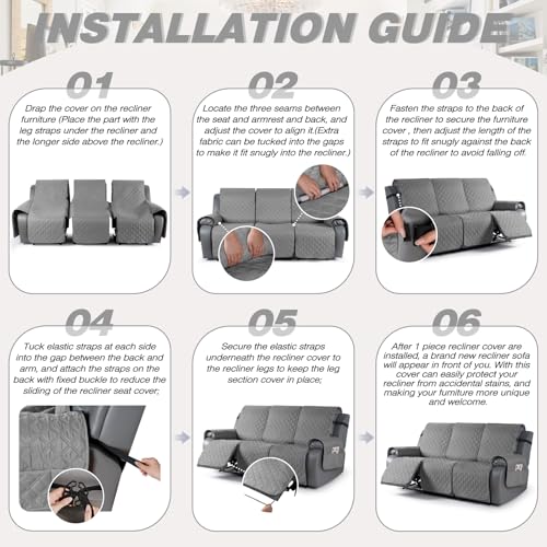 Image of TAOCOCO 100% Waterproof Recliner Covers, Recliner Sofa Covers with Leg Straps, Reversible Recliner Couch Cover for Reclining Chair, Washable Couch Protector for Pets Kids(3 Seater, Light Gray)
