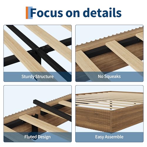 Image of GarveeHome Queen Size Bed Frame, Wood Platform Bed, Fluted Bed Frame, Minimalist Bed Base with Low Profile Design, Noise-Free, Easy Assembly, No Box Spring Needed, Walnut