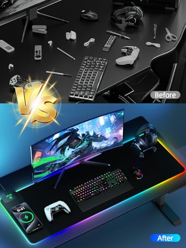 Image of Wireless Charging Mouse Pad, 31.5 inchx11.81 inch XL Gaming Mousepad with 11 RGB Colors & 5 Lighting Modes, Home Office Large Desk Pad, Ultra-Smooth Surface, Non-Slip, Waterproof Keyboard Pad Black Desk Mat