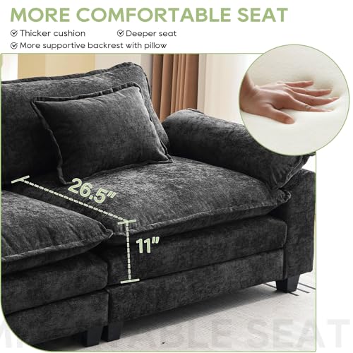 Image of Oprisen 86 inch Modular Sectional Sofa, Comfy Cloud Couch Sectional Sofa with Ottoman, Chenille Sofa Sleeper Deep Seat Sofa with Throw Pillows for Living Room (Black, 86 inch- L Shape)