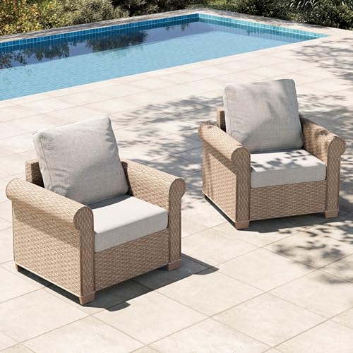 Image of HERA'S HOUSE Patio Furniture Set, 4 x Cushioned Chairs, 3-Seat Sofa with Wood Grain Coffee Table, 5 Seats Luxury Windsor Style All Weahter Outdoor Sofa Conversation Set for Deck Lawn Backyard