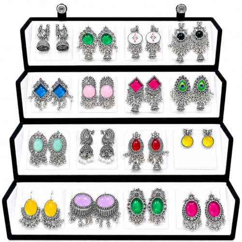 Image of Zenzai 16 Pairs Oxidized Earrings Set for Women - Jhumka Chandbali Earrings Combo with Foldable Velvet Jewelry Box | Ethnic Fashion Earrings Gift Set for Girls