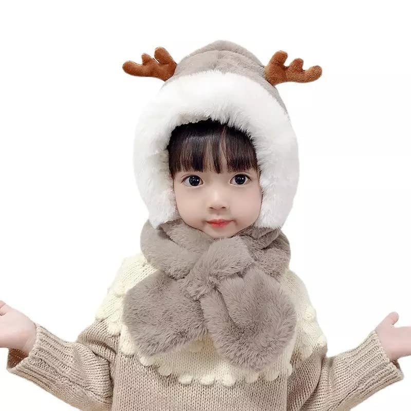 Tricky Shopper™ Kids (3-6 Year) Winter Warm Children Hat Plus Fleece Kids Caps Cartoon Elk Hat for Girls I Boys Warm Cap with Scarf (Brown Color)
