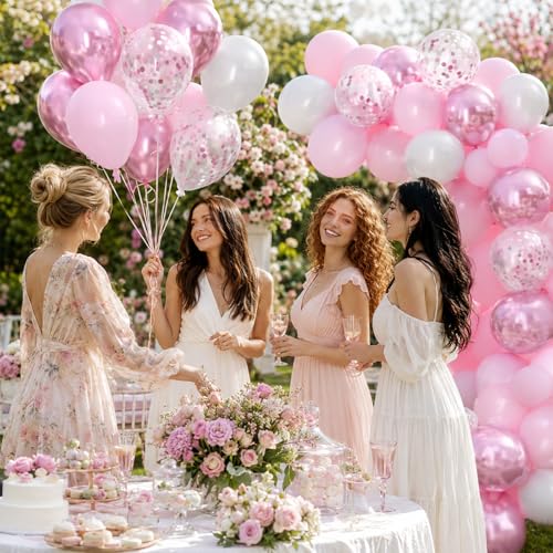 Image of Pink and White Balloons, 60 Pcs 12 Inch White Metallic Pink Latex Balloons with Silver Confetti and Double Stuffed Pearl for Baby Shower Birthday Party Decorations