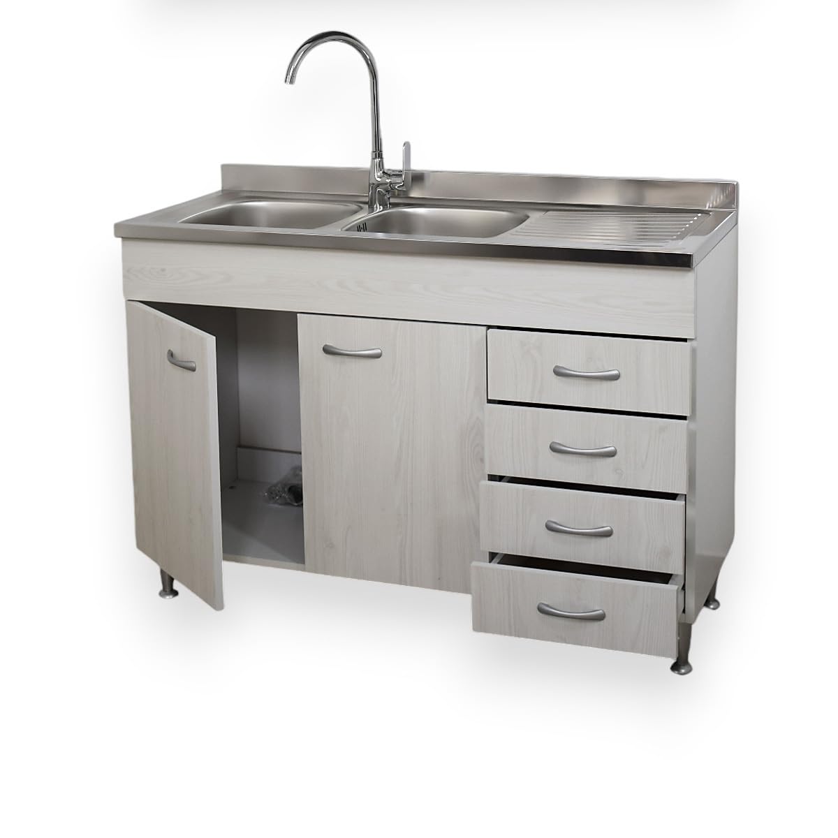 Yellowshop - Mobile cucina sottolavello a 2 ante e cassettiera cm 120 effetto legno Frassino Moire componibile con lavello inox e scolapiatti Basic (Sottolavello completo piano Dx)