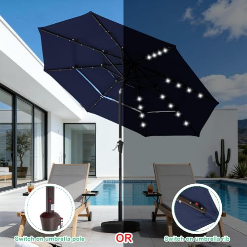 Image of JEAREY 3 Tiers Patio Umbrella with Solar Lights 9ft Outdoor Market Table Umbrellas with Push Button Tilt for Outside Pool Garden, Navy Blue