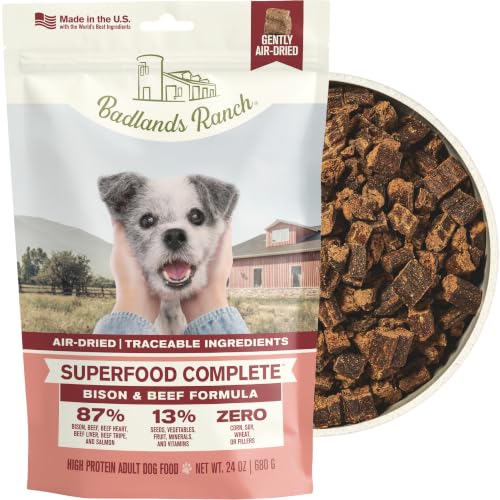 Image of BADLANDS RANCH Air-Dried Beef & Bison Dog Food, 87% Meat, 24 oz | Includes organs & salmon; kibble topper or alternative; adult & senior dogs; no corn, wheat, soy or fillers