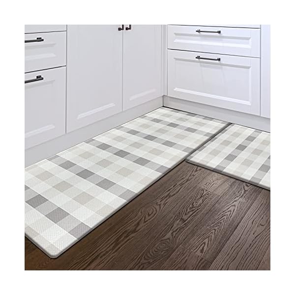 Sunlit Set of 2 Anti Fatigue Kitchen Floor Mat, Non Slip Waterproof Comfort Standing Mat, 0.4Inch Thick Cushioned Farmhouse Kitchen Rug Runner, Buffalo Plaid(Size:17"x28"&17"x47")
