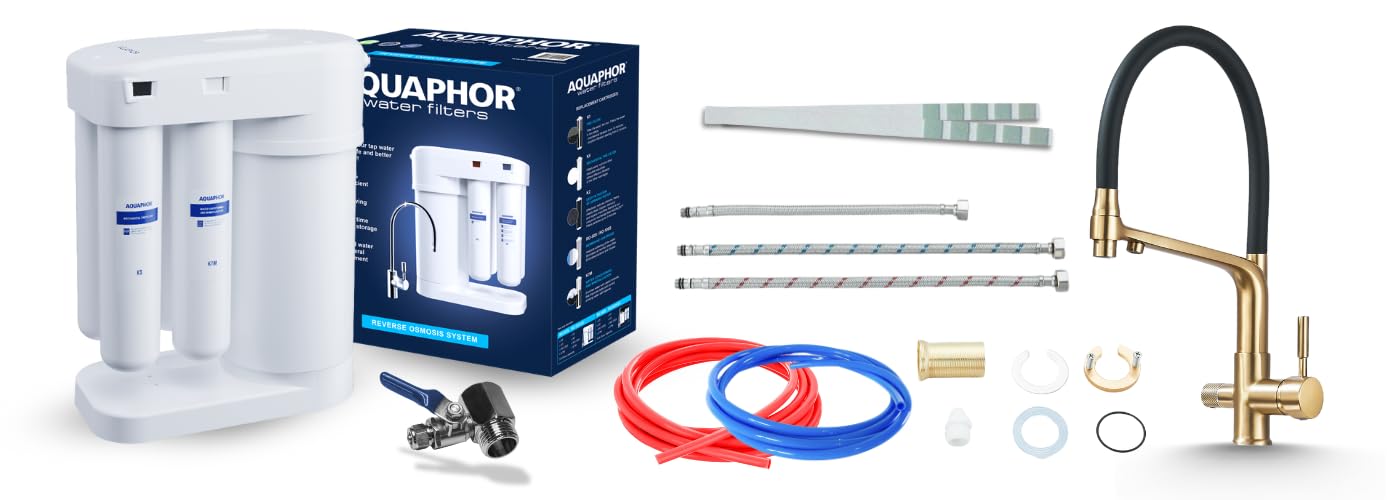Zestaw Filtr wody pitnej Aquaphor Morion 101S RO + BATERIA kuchenna trójdrożna FLEXIBLE - SZCZOTKOWANY ZŁOTY