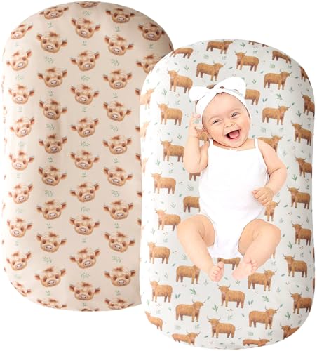Image of Little Jump 2 Pack Baby Lounger Cover, Stretchy and Soft Newborn Lounger Cover, Infant Lounger Slipcover for Boys Girls, Covers Only Western Highland Cows (Neutal Highland Cows)