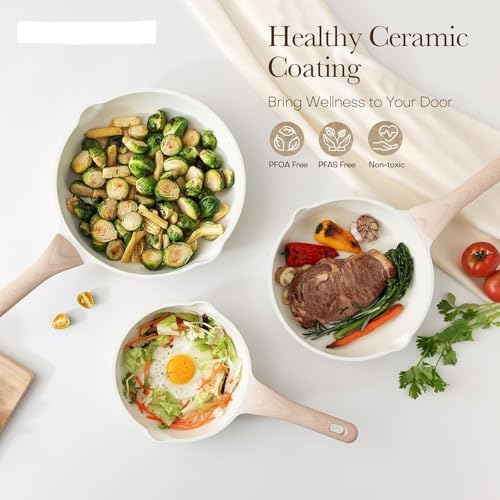 Image of Non-Stick Frying Pan with Wooden Finish Soft Touch Handle, 2.5mm Thickness, Consumes Less Oil, Even Heat Distribution, Induction Bottom and Gas Ready (White, 24cm)