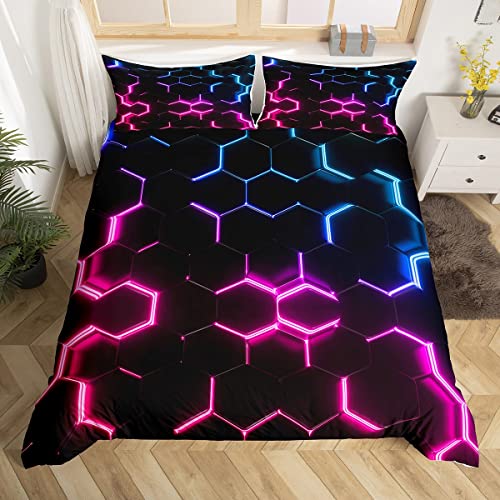 Loussiesd Red Pink Blue and Black Print Duvet Cover Hexagonal Bedding Set Kids Boys Teens Honeycomb Decor Comforter Cover Beehive Geometric Bedspread Cover Bedroom Collection 3Pcs King Size - Image 2