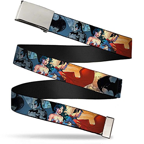 Belt Plain Clamp Buckle DC Comics Trinity Group Pose Logos 1.5 Inch Wide Fits up to Size 42