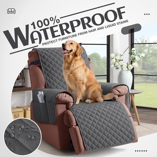 Image of KinCam 100% Waterproof Recliner Chair Cover, Reclining Couch Covers for Pets, Dogs, Recliner Couch Slipcover Furniture Protector with Elastic Straps for Kids (23.6 inch, Charcoal Gray)