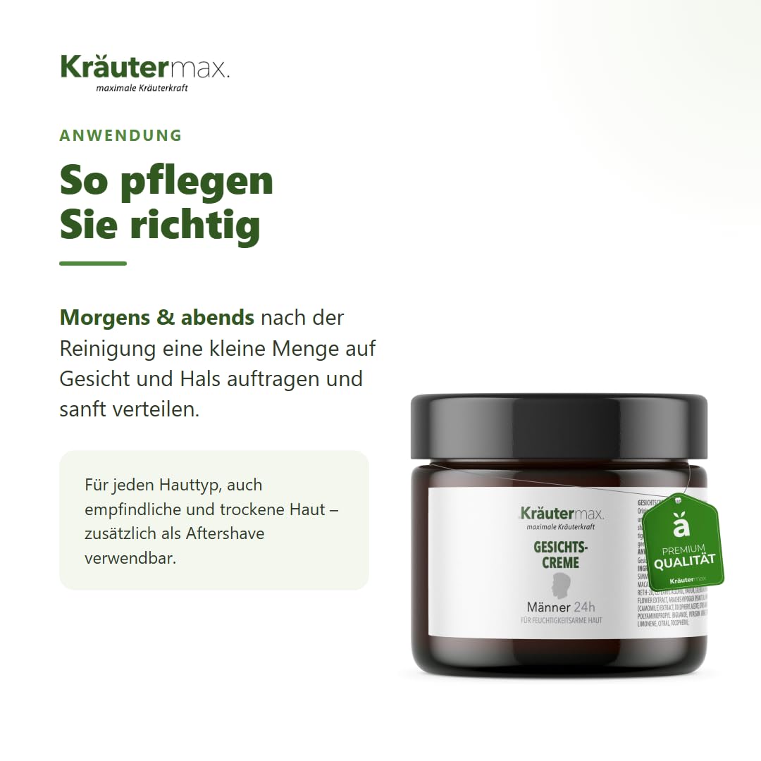 Kräutermax Gesichtscreme Männer Feuchtigkeitscreme für Gesichtspflege auch als After Shave Herren 1 x 100 ml mit Jojobaöl, Macadamianussöl, Ringelblume, Kamille und Vitamin E