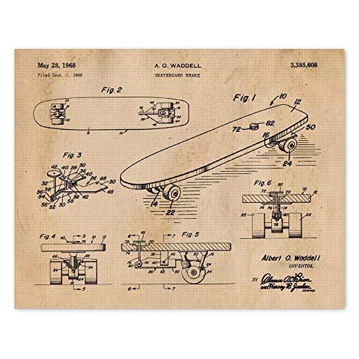 Vintage Skateboard Patent Prints, 1 (11x14) Unframed Photos, Wall Art Decor Gifts Under 15 for Home Office Garage Shop Man Cave College Student X-Games Half Pipe Mullen Hawk Gaming Fan